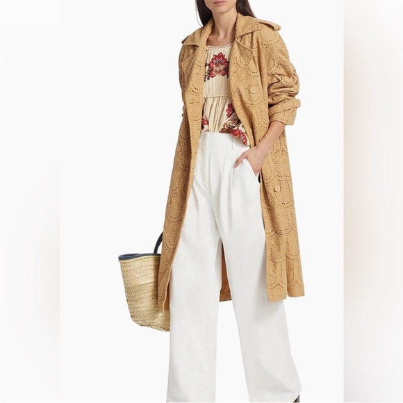 ☔️ FARM Rio for Anthropologie Womens Cottagecore Eyelet Beige Trench Coat Medium - Picture 2 of 16